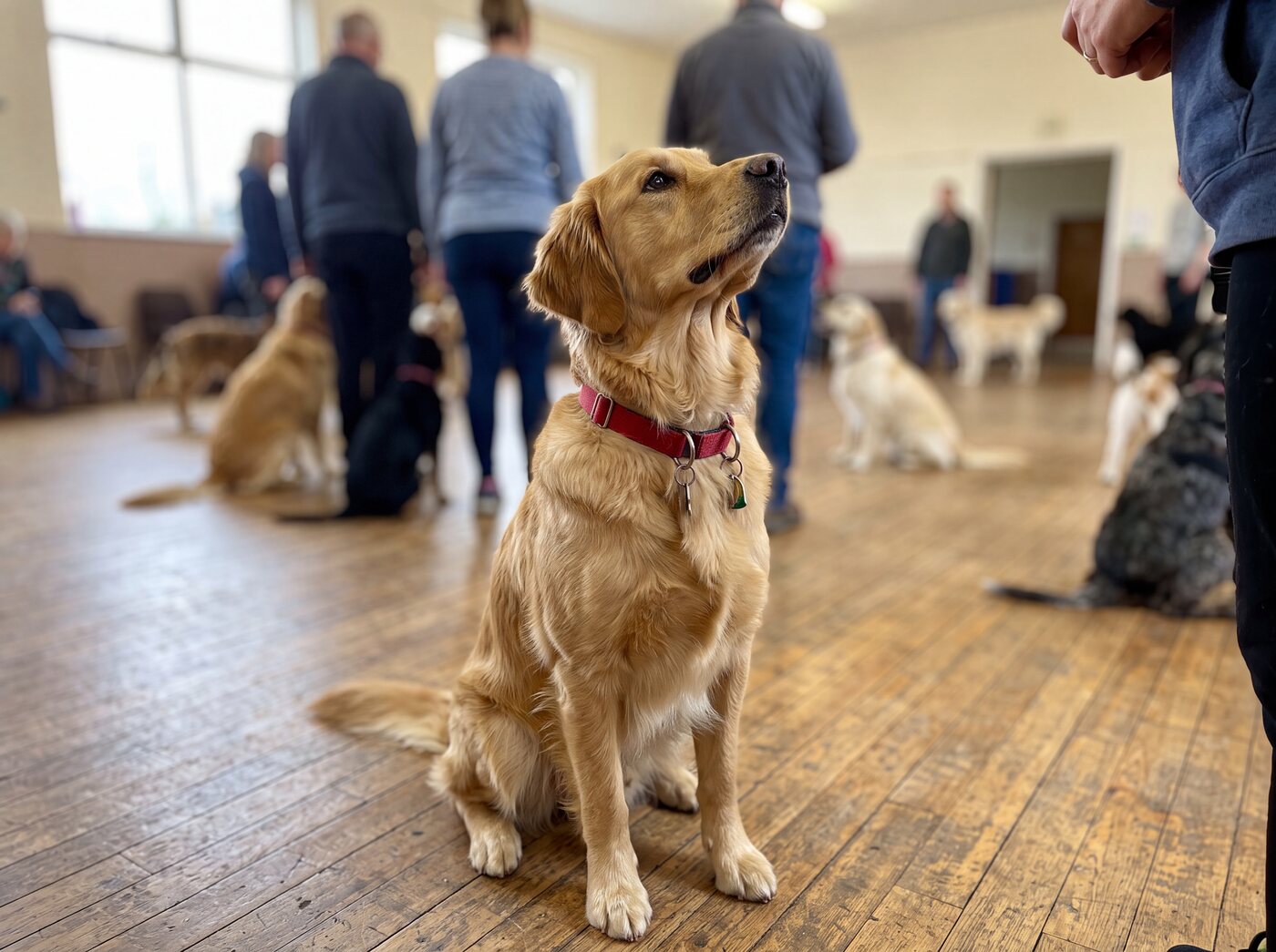 A golden retriever sitting attentively during an obedience class