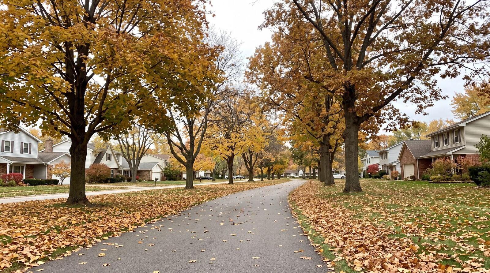 A tree-lined suburban path scattered with autumn leaves