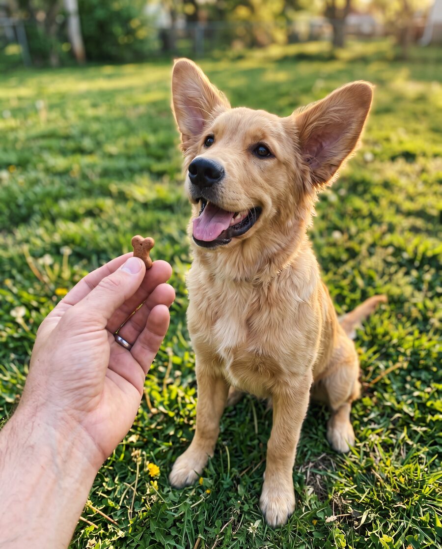 A dog sitting attentively for a training treat